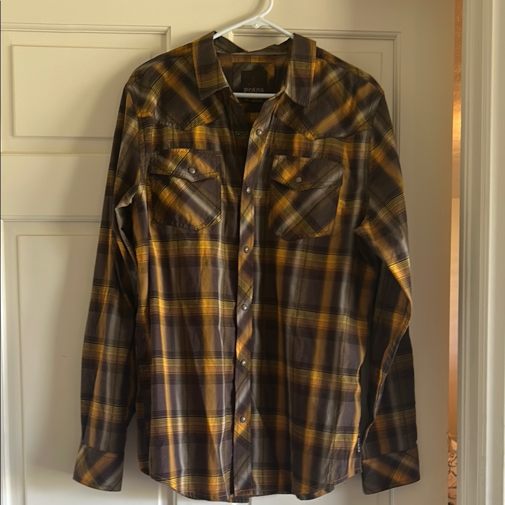 Prana Brown and Yellow Plaid Casual Button Down Shirt
